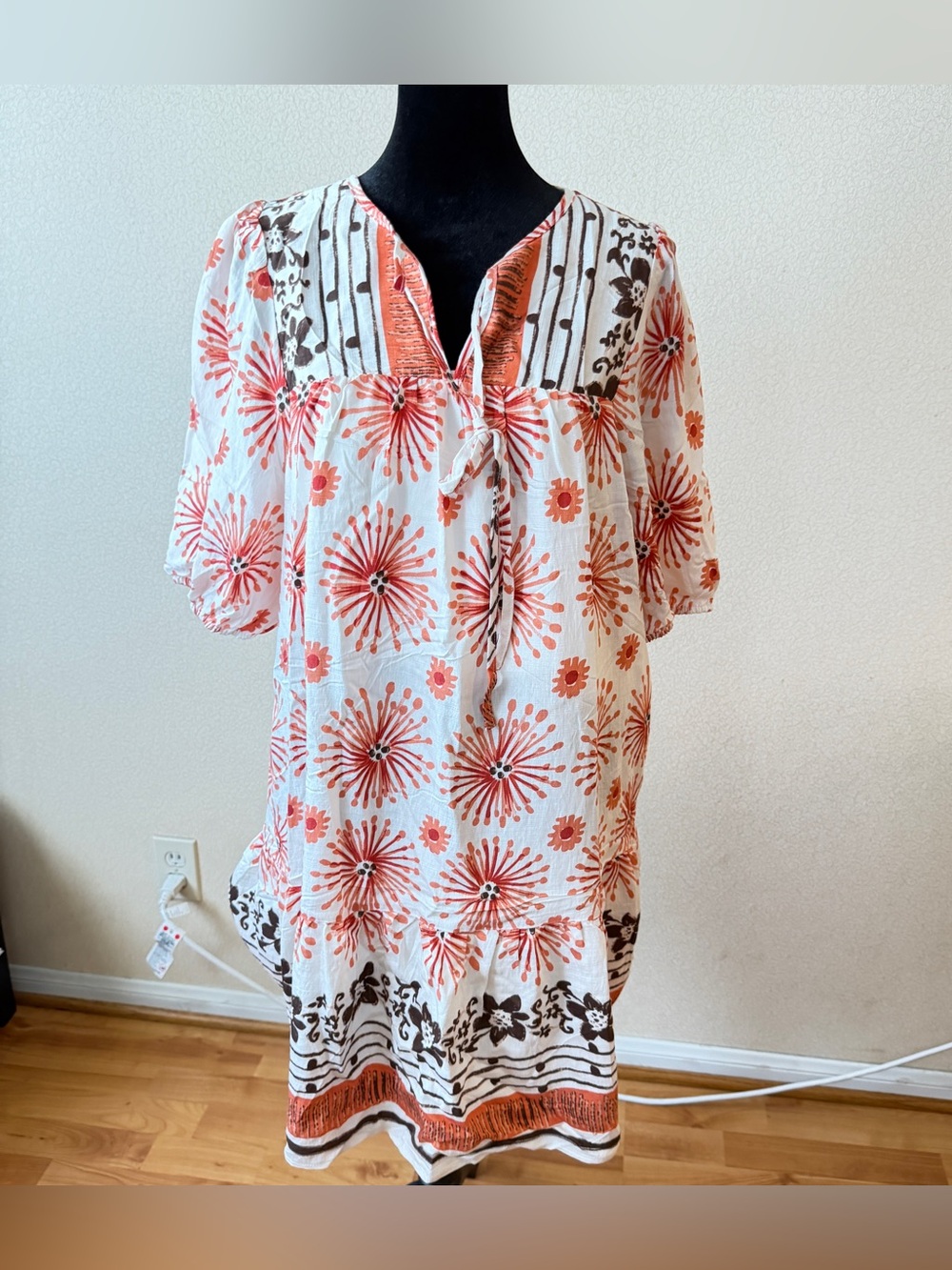 Fashion M Boho Floral Print Midi Dress Orange Brown NWT